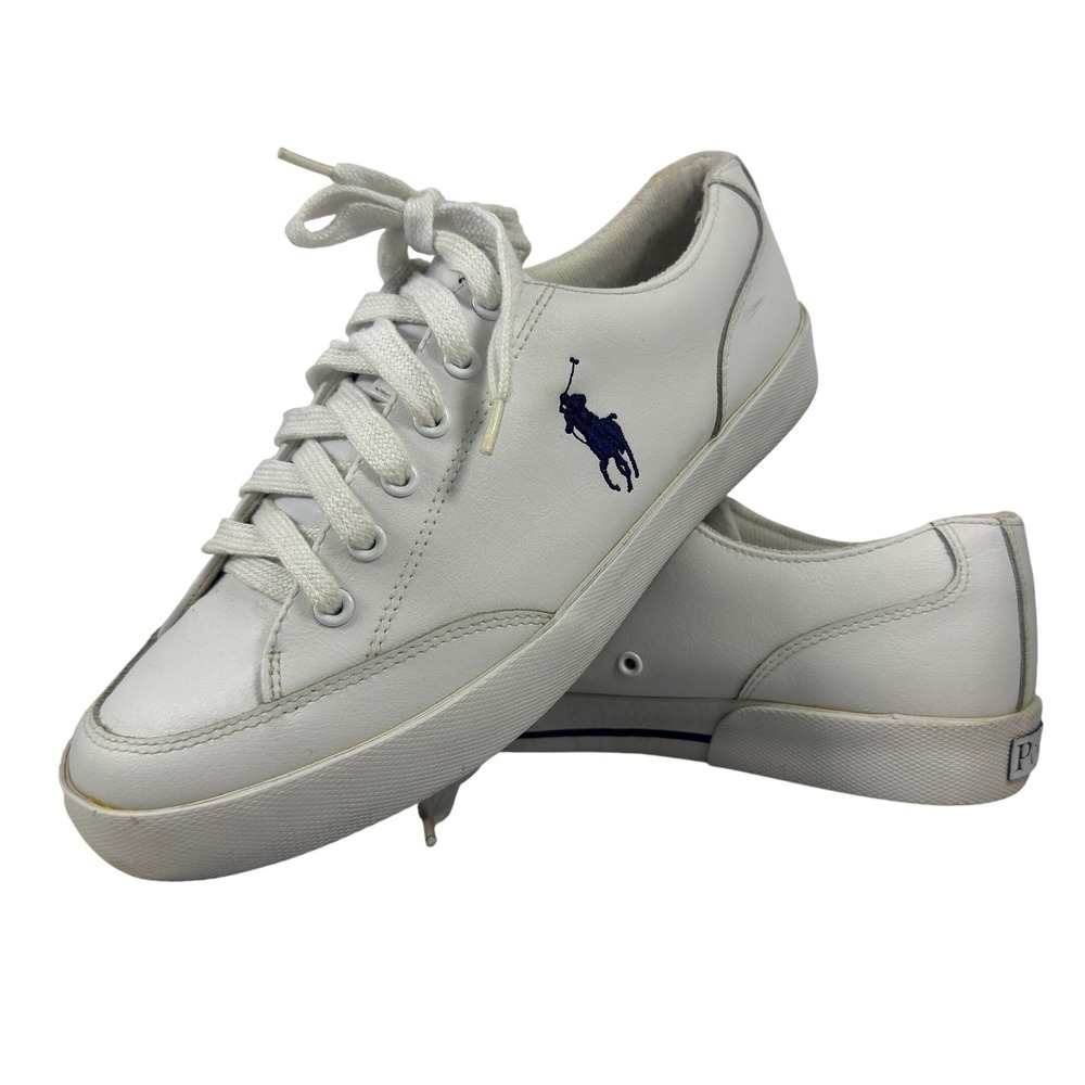 Polo Ralph Lauren Mens White Low Top‎ Sneakers Navy Pony Logo Size 9.5